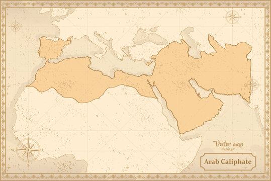 Map of Arab Caliphate in the old style, brown graphics in retro fantasy style.