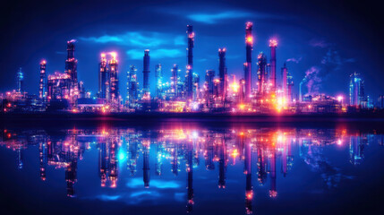 Naklejka premium vibrant petroleum refinery illuminated at night, showcasing colorful lights reflecting on water. industrial scene captures essence of modern petrochemical production