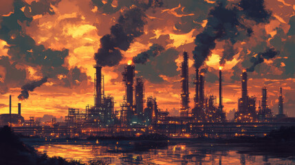 image depicts vibrant industrial scene at sunset, showcasing petroleum refinery with towering smokestacks emitting dark smoke against dramatic orange sky. reflection on water adds to striking visual
