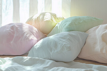 White pillows on the bed in the morning light