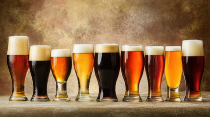 Craft beer enthusiasts enjoy variety of brews displayed in elegant glasses, showcasing different colors and foam levels. This vibrant collection highlights diversity of beer styles