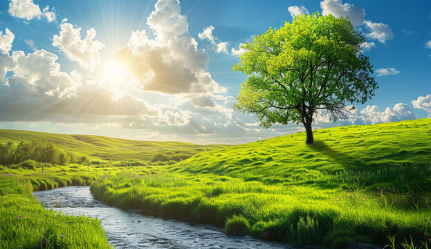 A tree is growing in a field with a river running through it. The sky is cloudy and the sun is shining through the clouds