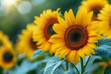 Obraz premium Vibrant Sunflower Fields at Golden Hour for Nature Photography and Summer Prints