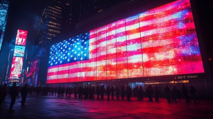Digital American flag lighting up a massive LED display in Times Square at night