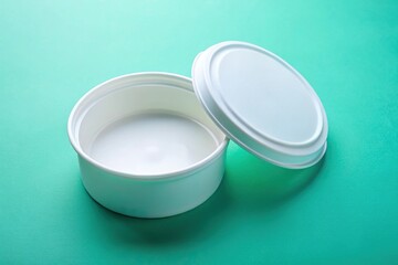 Fisheye open white plastic container with lid on mint green surface, highlighting simplicity