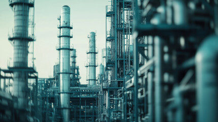 Close up of petrochemical refinery showcasing tall industrial structures and pipes, emphasizing complexity and scale of facility. image captures intricate details of machinery