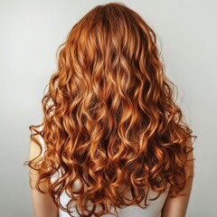 Brown curly hair, shiny, back view on a white background.