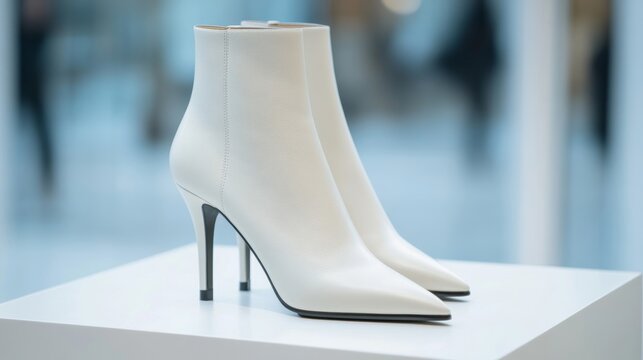 Ankle boots with snakeskin print and pointed toes on a sleek white surface luxurious and bold  - Powered by Adobe