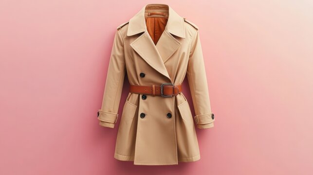 Beige cropped trench coat with leather belt and contrast stitching isolated on a soft gradient background classic and elegant 