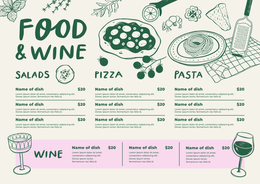 Restaurant menu hand drawn design. Cafe price catalog with food linear sketches.
