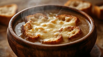 Bowl of French onion soup with toasted bread floating, topped with melted cheese, steam rising isolated on a warm gradient background cozy and flavorful 