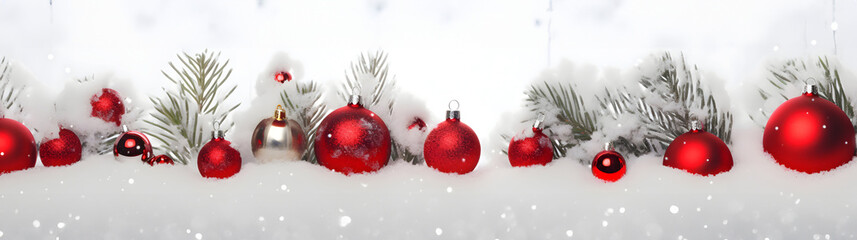 Red Christmas balls in a row with spruce branches covered with snow and snowfall on white background in winter. Horizontal composition.