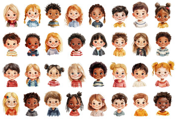 Watercolor cartoon happy kids clipart, multinational children faces clip art, kinder heads