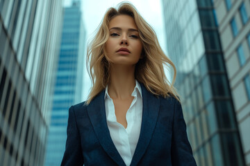 Fototapeta premium A picture of the upper body of a beautiful business woman standing in a suit, the city background of a high-rise building
