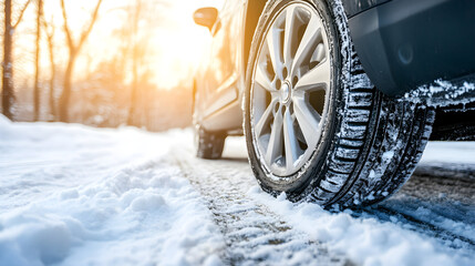 a car tire with winter treads, driving on a snow-covered road. The tire's grip and the wintery backdrop create a sense of preparedness for challenging weather conditions
