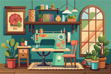 Charming Vintage Sewing Room Interior with Large Window and Plants