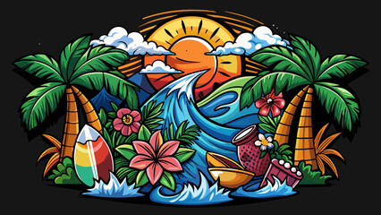 Vibrant Tropical Beach Scene with Surfing Wave and Sunset Illustration