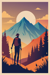 Solo Hiker Enjoying Sunset View Over Mountain Landscape