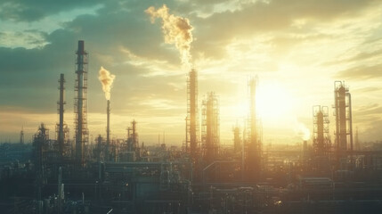 industrial landscape showcases petrochemical facility at sunset, with towering structures and smoke rising into sky, creating dramatic and atmospheric scene