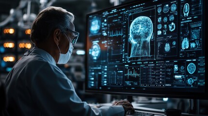 Scientist Analyzing Brain Data on Computer Screen