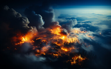 Fototapeta premium A fire is burning in the sky, with smoke and flames visible. The sky is dark and cloudy, and the fire is spreading rapidly. Scene is one of destruction and chaos