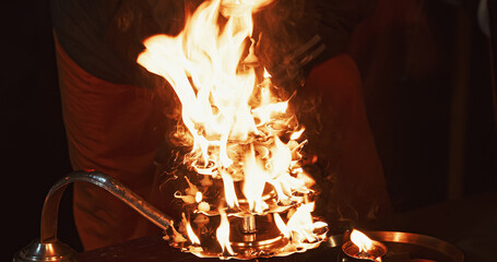 Varanasi, Uttar Pradesh, India. Candle Holder With Lit Candles On Ganga Maha Aarti Ceremony Begins....