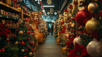 Fototapeta premium Christmas decorations aisle with sparkling ornaments, tinsel, and festive lights, bright store lighting, holiday cheer 