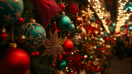 Christmas decoration section with garlands, stars, and snowflakes, vibrant red and green colors, festive store scene 