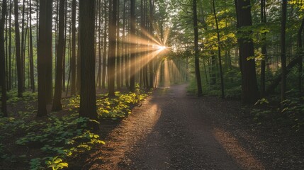 Fototapeta premium Sunlight Beams Through Forest Trees on a Path