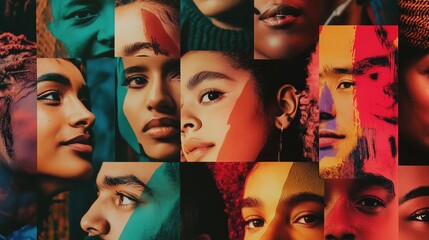Collage of diverse young women faces. Various ethnic groups and different skin color. Women's Day, Human Rights Day. Femenist wallpaper, colorful background, poster, backdrop, banner
