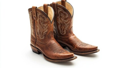 Classic brown leather cowboy boots with intricate stitching isolated on a white background rugged and timeless 