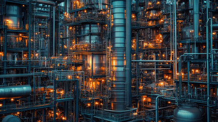 Fototapeta premium complex industrial scene showcasing petrochemical plant with intricate piping and glowing lights. structure reflects advanced technology and energy production, creating captivating atmosphere