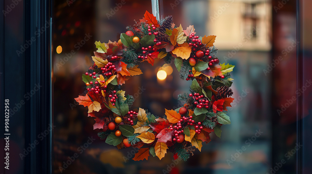 Canvas Prints Close-up of a Thanksgiving wreath with vibrant fall foliage and berries hanging on a store door, soft natural lighting 