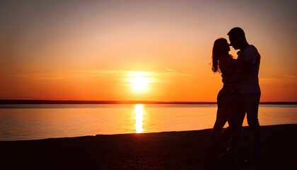 couple in love silhouette at sunset with a church on background