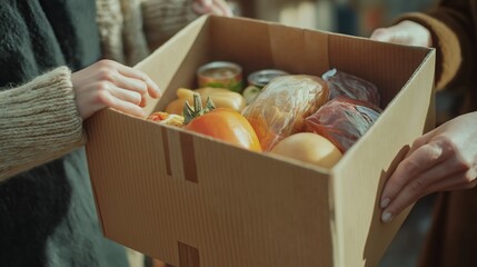 Hands exchanging a Thanksgiving meal box filled with canned goods and vegetables at a community food drive in soft natural light