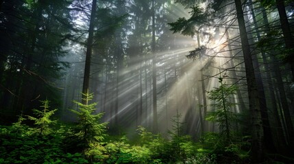 Fototapeta premium Sunbeams Through Misty Forest