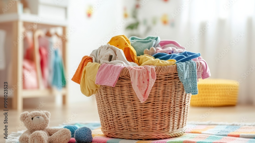 Aufkleber a laundry basket overflowing with vibrant children’s clothing and soft toys is placed in a sunlit ro