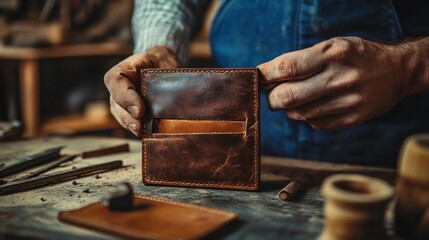 Obraz premium Authentic leather bifold wallet with tool Handmade wallet with craftsmanship on a leather background