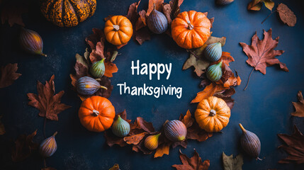 Festive Thanksgiving greeting featuring pumpkins, figs, and leaves on a dark blue background in an autumn setting