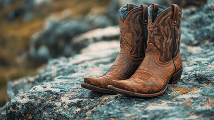 Dark brown cowboy boots with metal accents placed on a rugged rock surface outdoor adventure vibe 