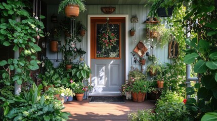 A front door surrounded by abundant greenery, with wind chimes and hanging pots adding an inviting feel to the cozy porch atmosphere