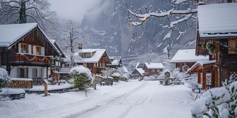 Quiet Snowy Streets of a Swiss Village on Christmas Eve