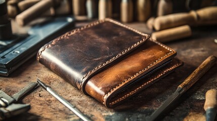 Authentic leather bifold wallet with tool Handmade wallet with craftsmanship on a leather background