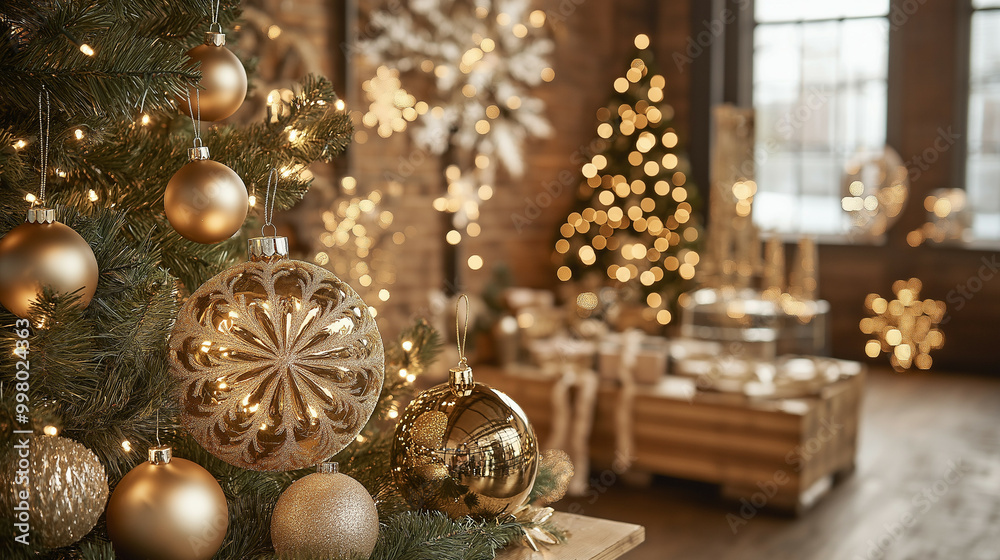 Canvas Prints Elegant Christmas decorations on display, featuring gold baubles, snowflakes, and festive lights, soft warm lighting, cozy atmosphere 