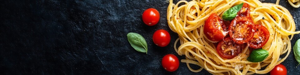 Fototapeta premium Dark background pasta with tomato sauce food banner
