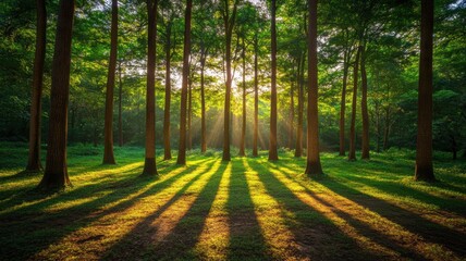 Obraz premium Sunlight filters through tall trees, creating shadows on the forest floor.