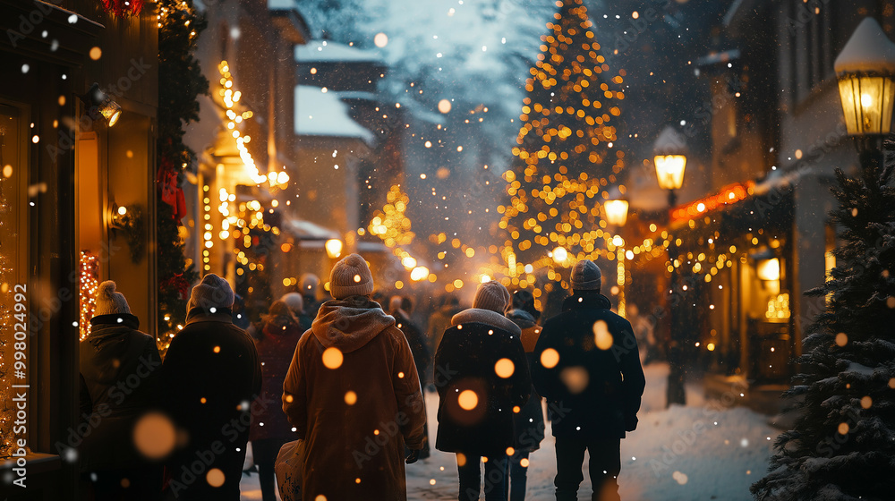 Wall mural Group of people singing Christmas songs outside, snow falling, warmly lit houses and twinkling lights, festive energy 