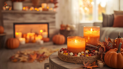 Cozy autumn corner with Halloween decorations and warm candlelight. Generative AI