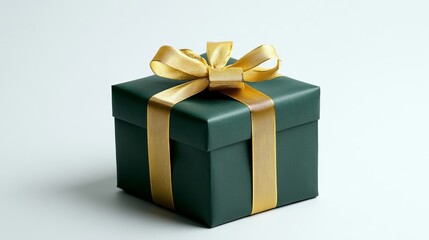 Fototapeta premium Isolated image of a single Christmas gift wrapped in green paper with a gold ribbon, minimalist white background 