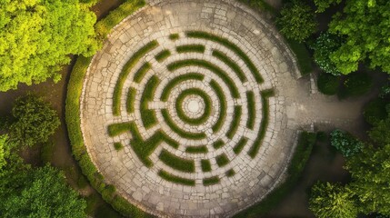 Fototapeta premium Aerial view of a circular labyrinth surrounded by lush greenery, showcasing intricate paths and a serene outdoor environment.